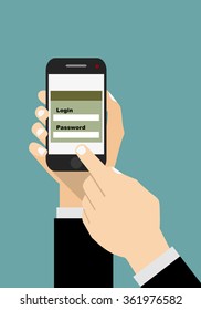 Sign in page on smartphone screen. Hand hold smartphone, finger touch sign in button. Mobile account. Modern concept for web banners, web sites, infographics.