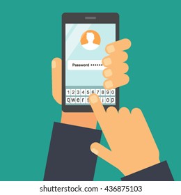 Sign in page on smartphone screen. Hand hold smartphone, finger touch sign in button.  Flat vector illustration 