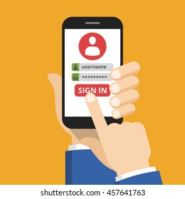 Sign in page on smartphone screen. Hand hold phone, finger touch sign in button. Vector flat illustration.