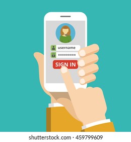 Sign in page on smartphone screen. Hand hold phone, finger touch sign in button. Vector flat illustration.
