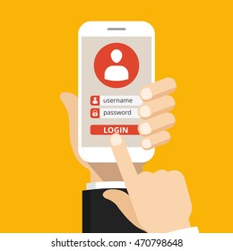 Sign in page on smartphone screen. Hand hold phone, finger touch sign in button. Male avatar. Vector flat illustration.