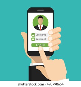 Sign in page on smartphone screen. Hand hold phone, finger touch sign in button. Male avatar. Vector flat illustration.