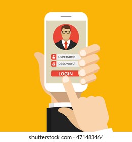 Sign in page on smartphone screen. Hand hold phone, finger touch sign in button. Male avatar. Vector flat illustration.