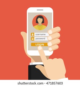 Sign in page on smartphone screen. Hand hold phone, finger touch sign in button. Female avatar. Vector flat illustration.