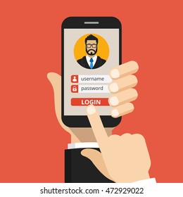 Sign in page on smartphone screen. Hand hold phone, finger touch sign in button. Male avatar. Vector flat illustration.