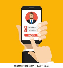 Sign in page on smartphone screen. Hand hold phone, finger touch sign in button. Male avatar. Vector flat illustration.