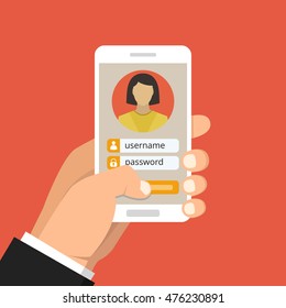 Sign in page on smartphone screen. Hand hold phone, finger touch sign in button. Female avatar. Vector flat illustration.