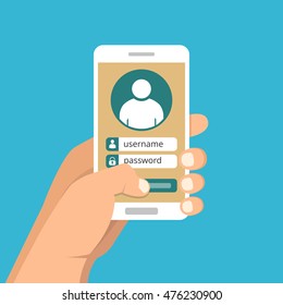 Sign in page on smartphone screen. Hand hold phone, finger touch sign in button. Vector flat illustration.