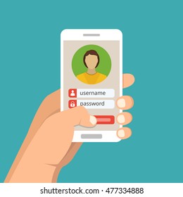 Sign in page on smartphone screen. Hand hold phone, finger touch sign in button. Female avatar. Vector flat illustration.
