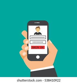 Sign in page on smartphone screen. Hand hold smartphone