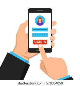 Sign in page on smartphone screen. Hand hold phone, finger touch sign in button. Female avatar. Vector flat illustration.