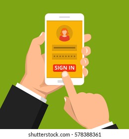 Sign in page on smartphone screen. Hand hold phone, finger touch sign in button. Female avatar. Vector flat illustration.