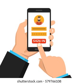 Sign in page on smartphone screen. Hand hold phone, finger touch sign in button. Male avatar. Vector flat illustration.