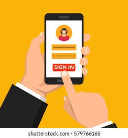 Sign in page on smartphone screen. Hand hold phone, finger touch sign in button. Female avatar. Vector flat illustration.