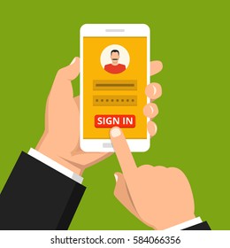 Sign in page on smartphone screen. Hand hold phone, finger touch sign in button. Male avatar. Vector flat illustration.