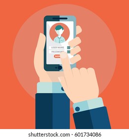 Sign in page on smartphone screen. Vector flat illustration.