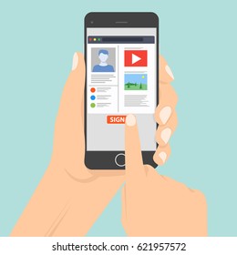 Sign in page on smartphone screen. Hand hold smartphone, finger touch sign in button. Smartphone hand type working using computer flat vector illustration. Hands hold smartphone on social network page