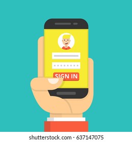 Sign in page on smartphone screen. Hand hold phone, finger touch sign in button. Male avatar. Flat cartoon style. Vector illustration.