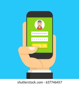 Sign in page on smartphone screen. Hand hold phone, finger touch sign in button. Female avatar. Flat cartoon style. Vector illustration.