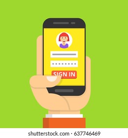 Sign in page on smartphone screen. Hand hold phone, finger touch sign in button. Female avatar. Flat cartoon style. Vector illustration.