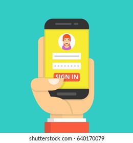 Sign in page on smartphone screen. Hand hold phone, finger touch sign in button. Female avatar. Flat cartoon style. Vector illustration.