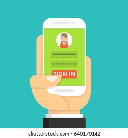 Sign in page on smartphone screen. Hand hold phone, finger touch sign in button. Female avatar. Flat cartoon style. Vector illustration.