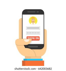 Sign in page on smartphone screen. Hand hold phone, finger touch sign in button. Female avatar. Flat cartoon style. Vector illustration.
