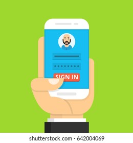 Sign in page on smartphone screen. Hand hold phone, finger touch sign in button. Male avatar. Flat cartoon style. Vector illustration.