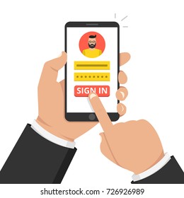 Sign in page on smartphone screen. Hand hold phone, finger touch sign in button. Male avatar. Flat cartoon style. Vector illustration.