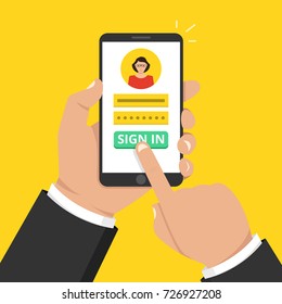 Sign in page on smartphone screen. Hand hold phone, finger touch sign in button. Female avatar. Flat cartoon style. Vector illustration.