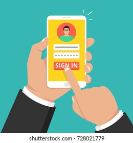 Sign in page on smartphone screen. Hand hold phone, finger touch sign in button. Male avatar. Flat cartoon style. Vector illustration.