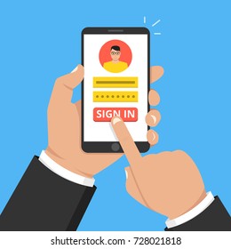 Sign in page on smartphone screen. Hand hold phone, finger touch sign in button. Male avatar. Flat cartoon style. Vector illustration.