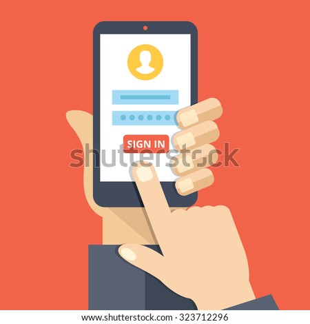 Sign in page on smartphone screen. Hand hold smartphone, finger touch sign in button. Mobile account. Modern concept for web banners, web sites, infographics. Creative flat design vector illustration