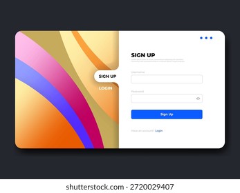 Modelo de design de interface de usuário da página de inscrição com plano de fundo abstrato colorido, Interface do formulário de registro do usuário para site e aplicativo, elemento de interface de usuário da Web minimalista moderno, Ilustração de vetor da página de logon