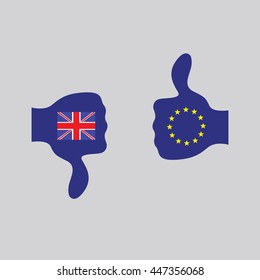 sign palm with raised thumb up with the emblem of the European Union, the palm with the thumb lowered towards the bottom with the flag of Britain. vector illustration of cartoon