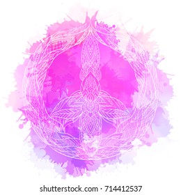 Sign of peace with a boho pattern and watercolor splashes. Vector doodle illustration for printing on T-shirts, postcards, stickers and your creativity.