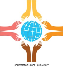 sign of peace - the hands of representatives of different peoples of the world reach for the image of the Earth