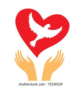 The sign of peace and love - the heart and a dove in his hands.