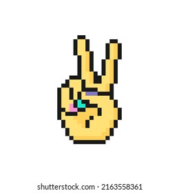 Sign for peace or victory, hand gesture V icon in pixel art design isolated on white background