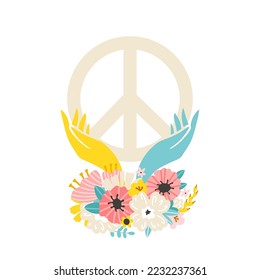 The sign of peace in yellow-blue hands with spring flowers as a symbol of Ukraine's victory. Vector illustration in simple cartoon hand drawn style. Isolate on a white background