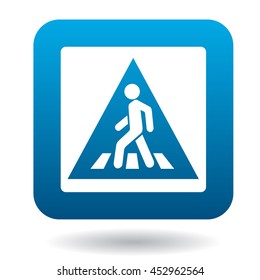 Sign pedestrian crossing icon in simple style in blue square. Rules of the road symbol