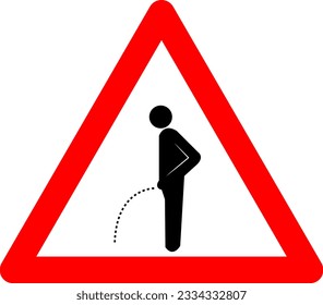 Sign peeing on floor. Warning sign peeing on floor. Red triangle sign with silhouette man peeing on the floor inside. Caution. Urination. Keep the toilet clean. Pee sticker.