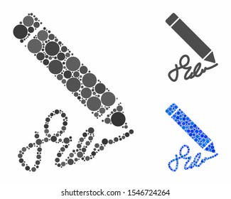 Sign pencil composition of small circles in various sizes and shades, based on sign pencil icon. Vector small circles are combined into blue collage.
