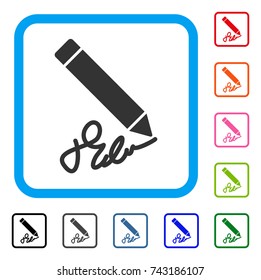 Sign Pencil icon. Flat grey pictogram symbol inside a light blue rounded rectangular frame. Black, gray, green, blue, red, orange color variants of Sign Pencil vector.