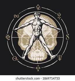 sign up sign pentagram with Vitruvian man on the background of a human skull with ancient runes