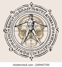 sign up sign pentagram with Vitruvian man on the background of a human skull with ancient runes