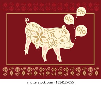 Sign pig. Discounts on goods, sale. Happy Chinese New year 2019 year of the pig. Hand drawn style vector design illustrations