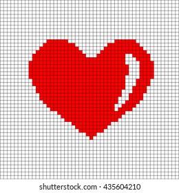 Sign pixel heart. Image of love. Red icon in grid isolated on white background. Color romantic symbol. Logo for game. Light health content. Mark of valentine. Stock vector illustration