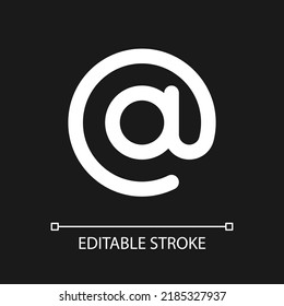 At sign pixel perfect white linear ui icon for dark theme. Email address. Online communication. Vector line pictogram. Isolated user interface symbol for night mode. Editable stroke. Arial font used