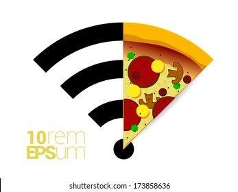 Sign for pizzeria with wireless network. WiFi pizza. Free WiFi. Pizza slice. Order pizza over the Internet. WiFi zone. Wifi hotspot. Pizza icon. Pizza slice icon. Pizza online. Vector illustration.